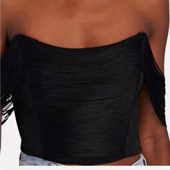 JONATHAN SIMKHAI Draped Fringed Crepe Bustier Black Off-Shoulder Top NEW - Picture 6 of 9